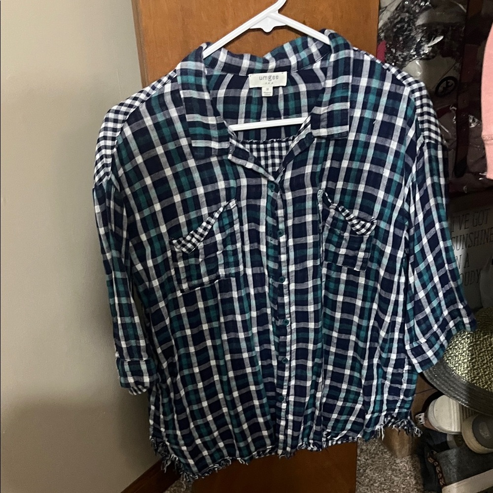 Umgee Blue and White Plaid Blouse